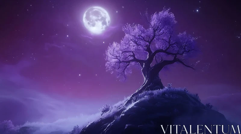 Moonlit Tree on a Purple Night AI Image