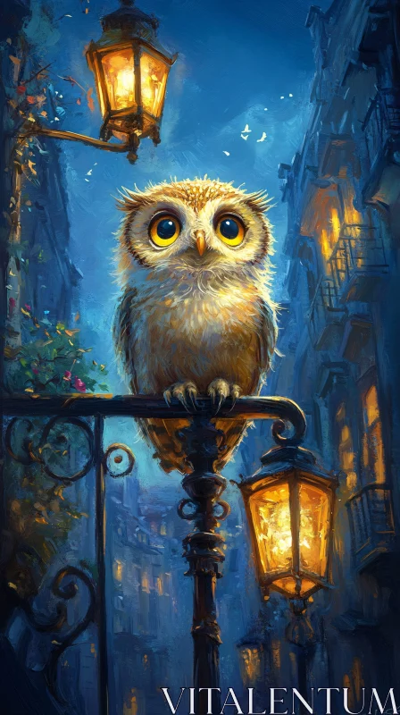 AI ART Owl Perched Under Urban Streetlights