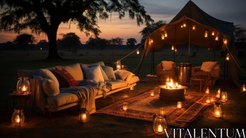 Candle-lit Tent with Sofas: A Serene Beauty in Earth Tones AI Image