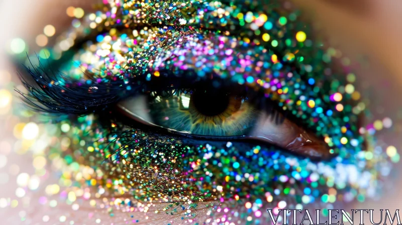 Close-up of a Woman's Eye with Multicolored Glitter | Sparkling Effect AI Image