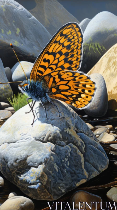 Detailed Butterfly on Rock Illustration – Nature Meets Art AI Image