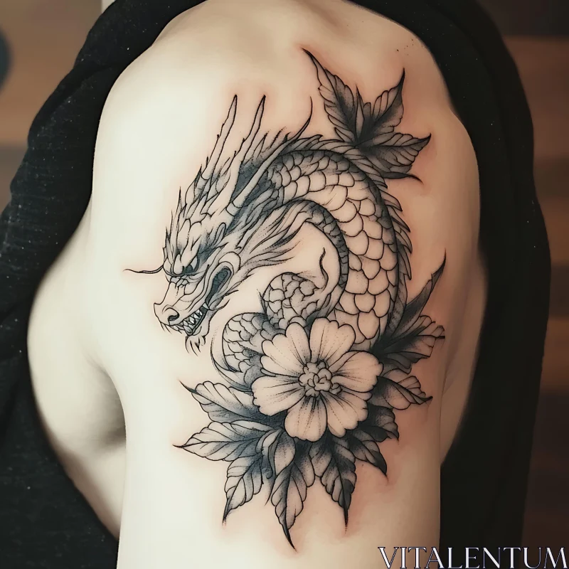 Detailed Dragon Tattoo with Flower on Shoulder AI Image