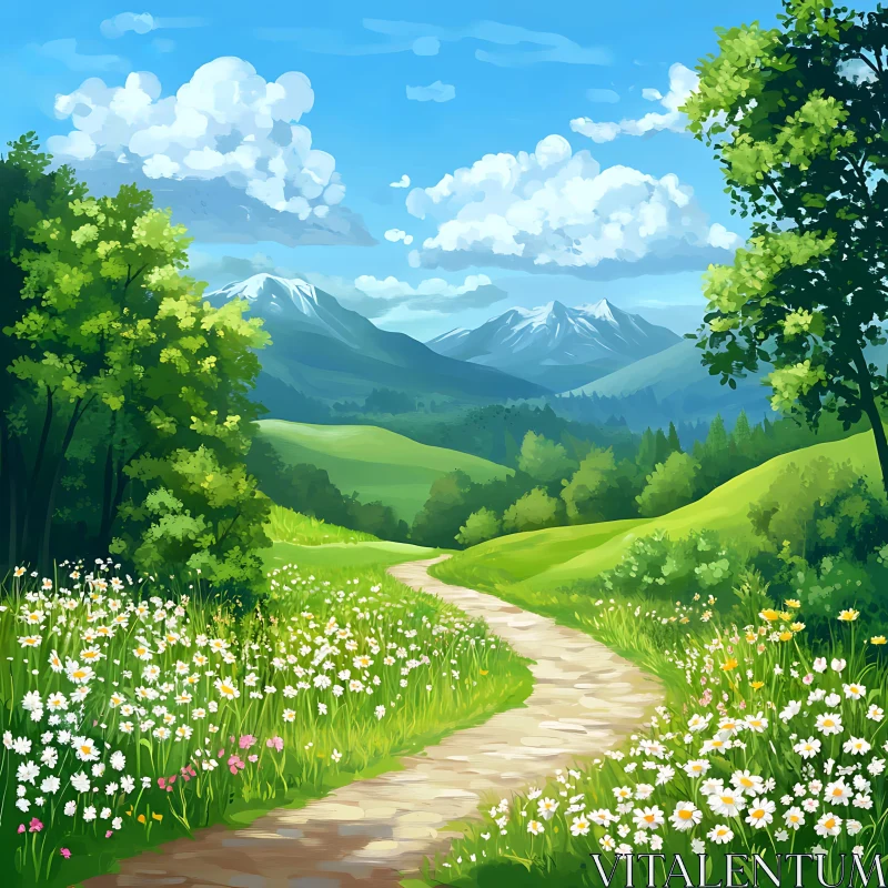 AI ART Scenic Mountain Trail with Wildflowers