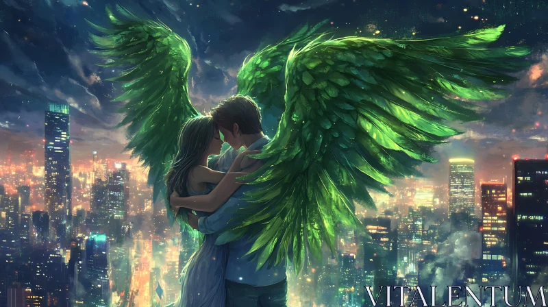 AI ART Urban Angelic Love: A Winged Embrace