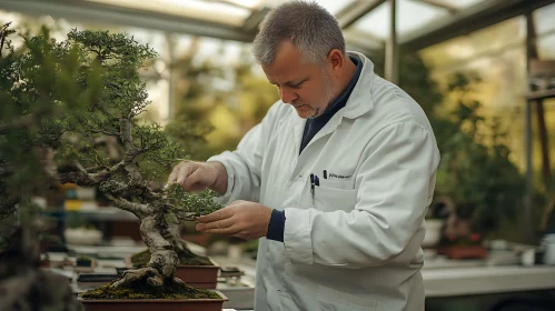 Bonsai Master at Work in Greenhouse