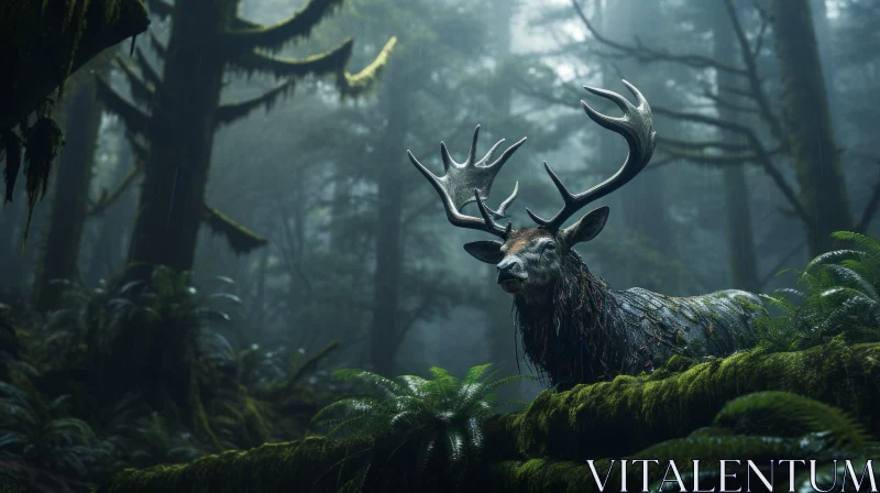 Majestic Deer in Misty Mossy Forest: A Baroque Animal Portraiture AI Image