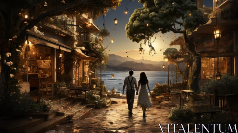 Romantic Couple Wandering in Fantasy City - Nature-Inspired Art Nouveau AI Image