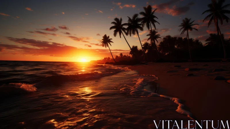Romantic Sunset at Beach with Palm Trees - Rendered in Unreal Engine AI Image