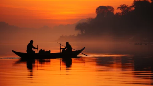 Tranquil Silhouetted Boat on Calm Waters - Traditional Art