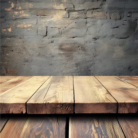 Wooden Table with Brick Wall Backdrop