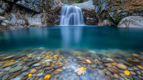 Peaceful Waterfall Scene with Clear Water and Colorful Pebbles