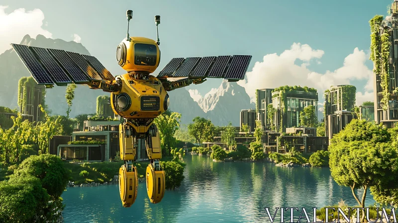 Futuristic Robot with Solar Panels in Green City AI Image