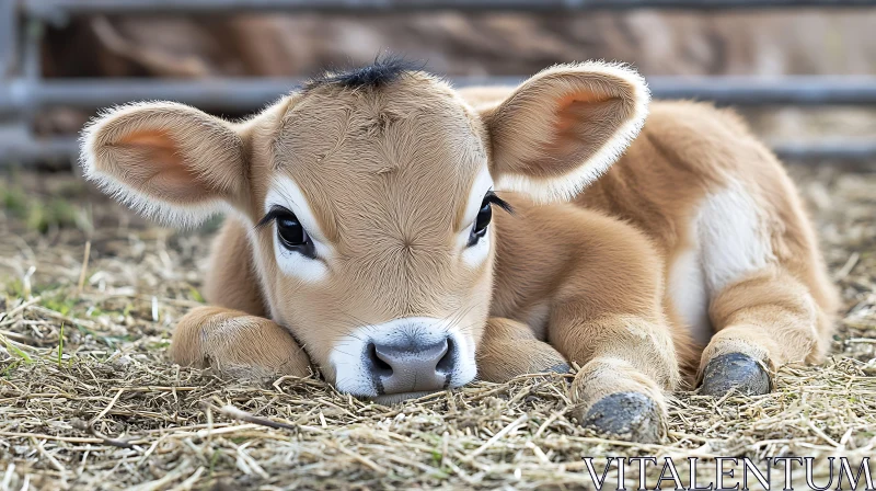 Resting Calf in a Peaceful Farm Scene AI Image