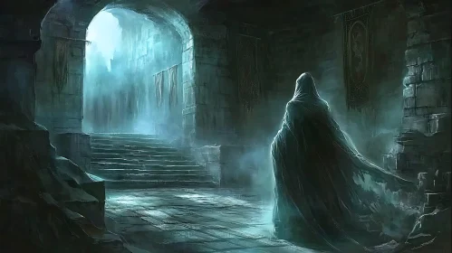 Cloaked Figure in Ancient Hall