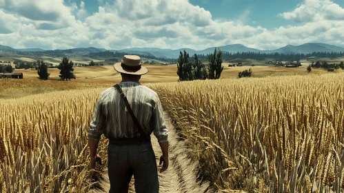 Rural Landscape with Man in Wheat Field