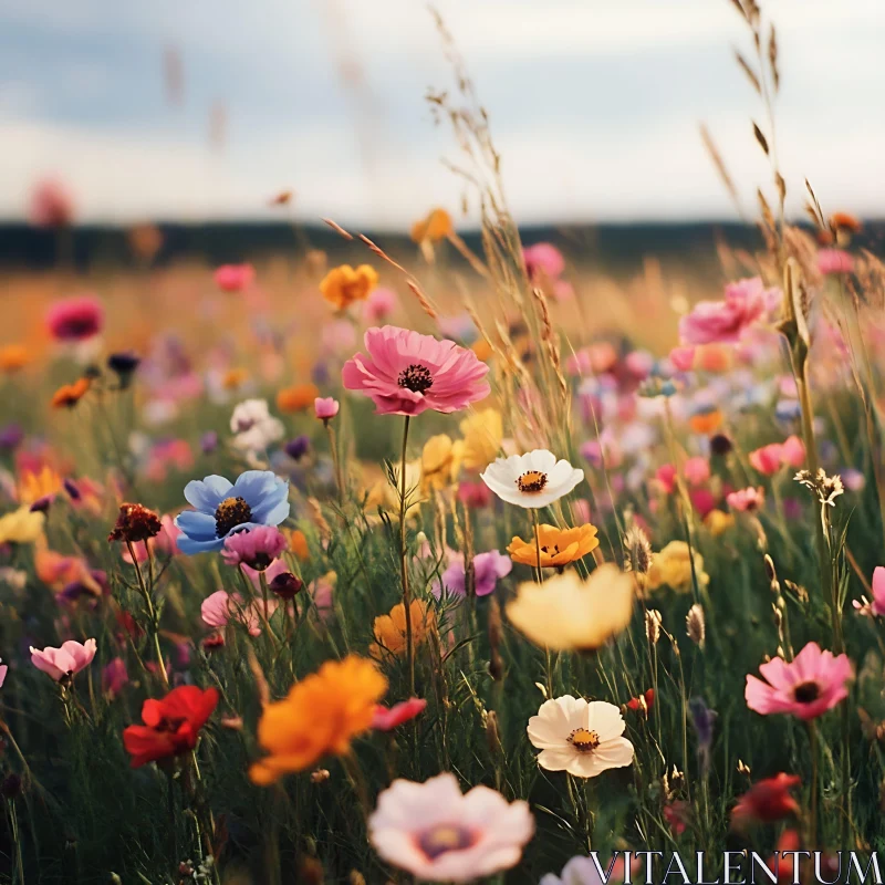 Colorful Cosmos Flowers in Meadow AI Image