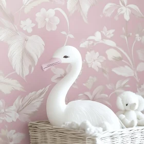 Swan Figurine with Floral Wallpaper