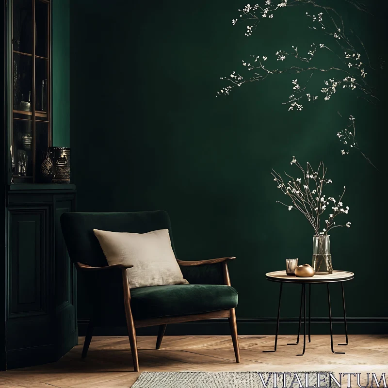 AI ART Velvet Chair in Emerald Room Still Life