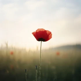 Solitary Red Poppy in Summer Meadow