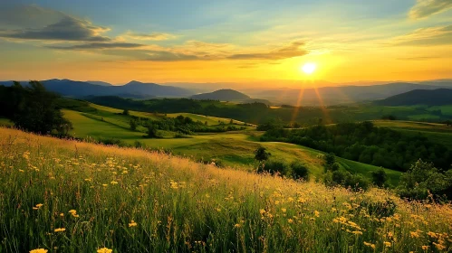 Golden Sunset Landscape with Flower Field