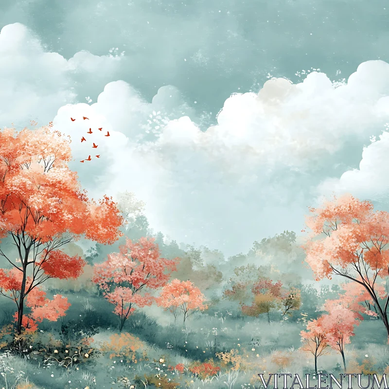 AI ART Peaceful Autumn Landscape with Birds