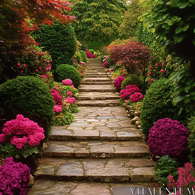 Garden Steps with Pink Flowers AI Image