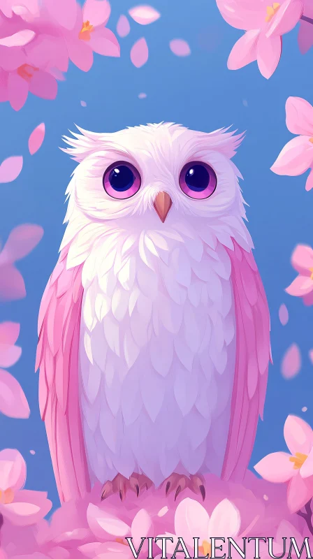 AI ART Whimsical Pink Owl and Blossoms