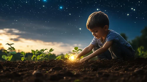 Boy Planting Seedling Under Night Sky