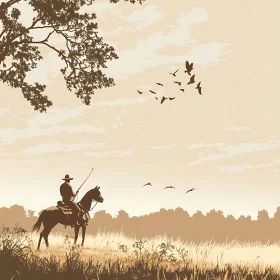 Sepia Rider and Birds in Field