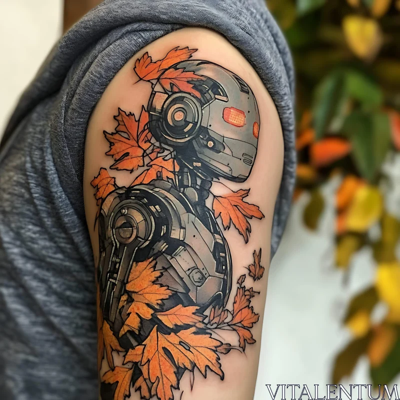 Autumn Leaves and Robot Tattoo on Arm AI Image