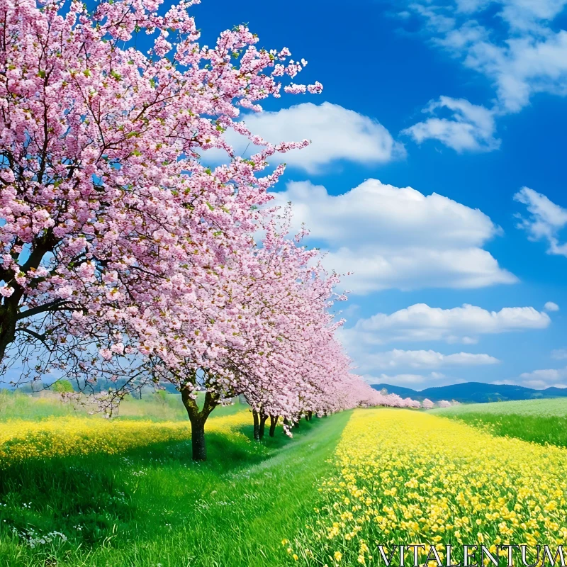 Blooming Cherry Trees and Yellow Flowers AI Image