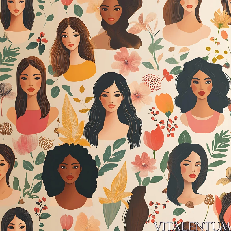 Floral Women Faces Seamless Pattern AI Image