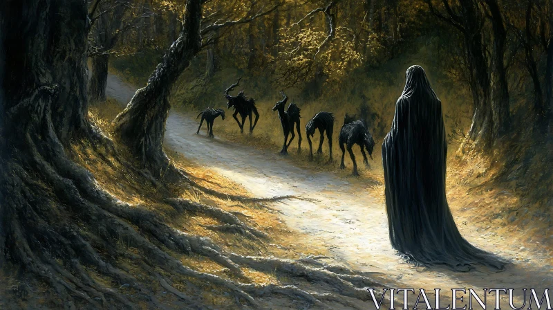 AI ART Mysterious Forest Path with Dark Figure