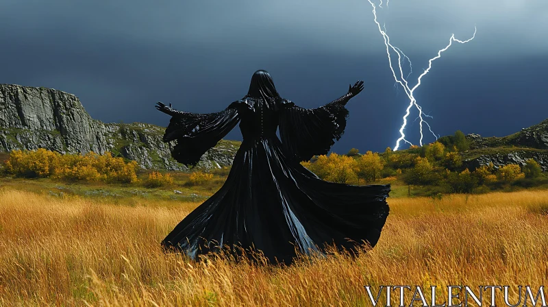 AI ART Dark Dress in Stormy Field