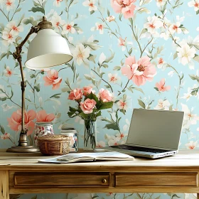 Vintage Desk with Flowers and Laptop