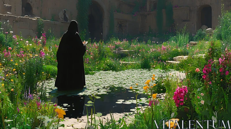 Monk in Floral Garden AI Image