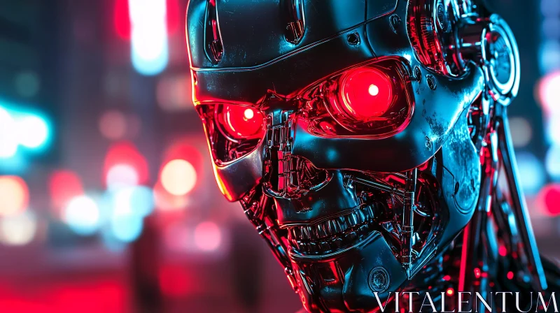 Ominous Cyborg Face with Red Illuminated Eyes AI Image