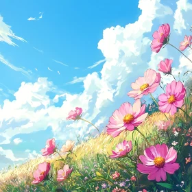 Floral Meadow with Pink Blossoms and Sky