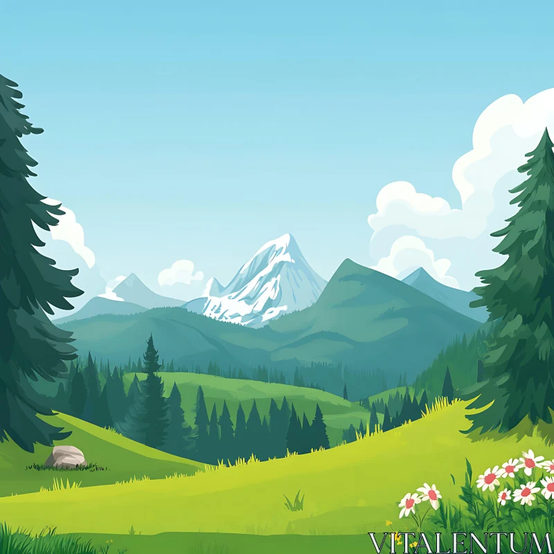 AI ART Scenic Mountain View with Pine Trees