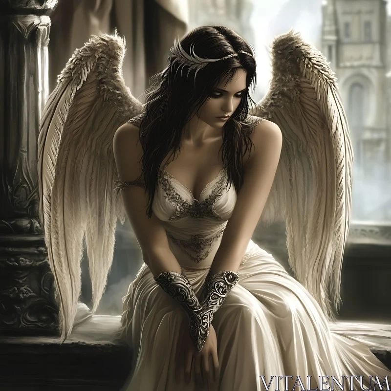 AI ART Melancholic Angel with Feathery Wings