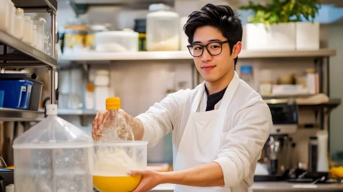 Smiling Chef Preparing Ingredients in Kitchen