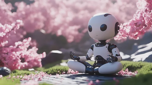 Zen Robot in Spring Blossom Garden