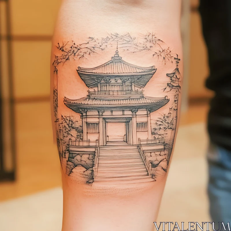 Intricate Asian Pagoda Tattoo Design AI Image