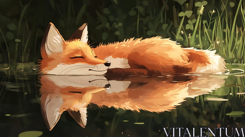 Tranquil Fox in Water with Greenery AI Image