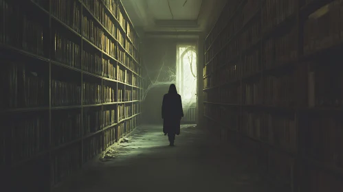 Dark Library with Solitary Figure