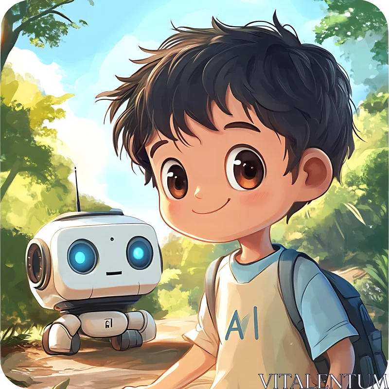 AI ART Cartoon Boy with Robot Companion