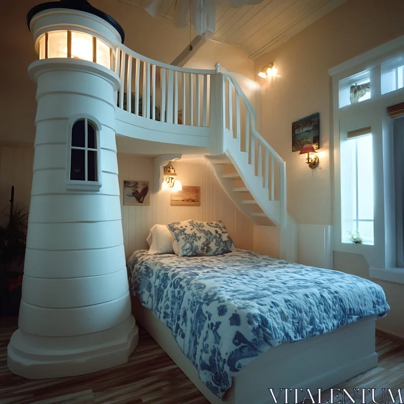 Nautical Bedroom with Lighthouse Bedside AI Image