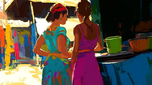 Colorful Market Conversation Painting