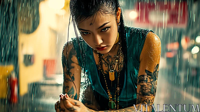 Tattooed Woman Under Rain at Night AI Image