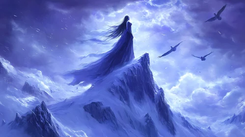 Lady on Snowy Mountain with Birds